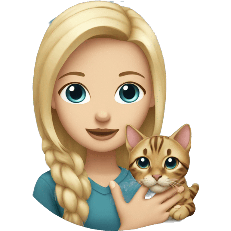 Girl with blonde hair and blue eyes holding a bengal cat emoji