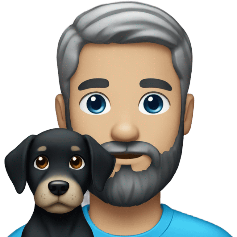 beard man black hair blue eyes holding black Labrador  emoji