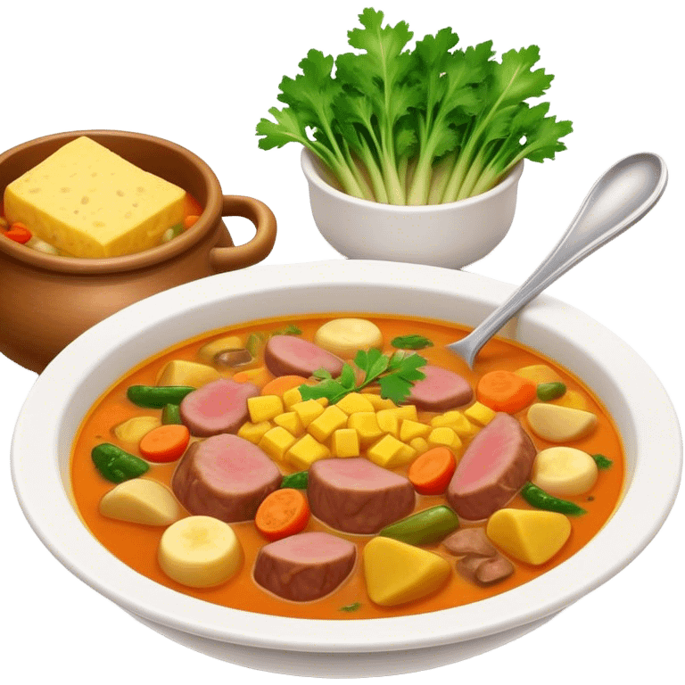 Cinematic Realistic Sancocho Soup Dish Emoji, featuring a rich, hearty stew with diverse meats and vegetables rendered with lifelike detail and warm, comforting lighting. emoji