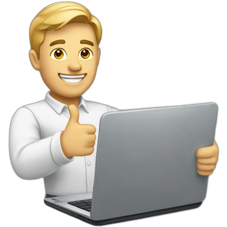 white man holding laptop thumbs up emoji