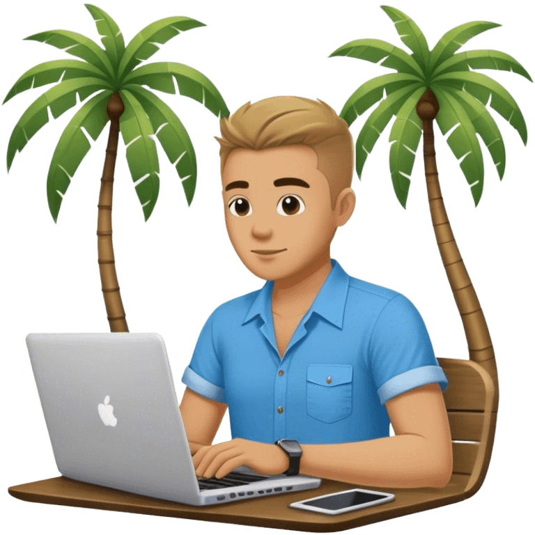 A digital nomad in bali working on a laptop wearing a tropical blue shirt with a palm tree on the side emoji