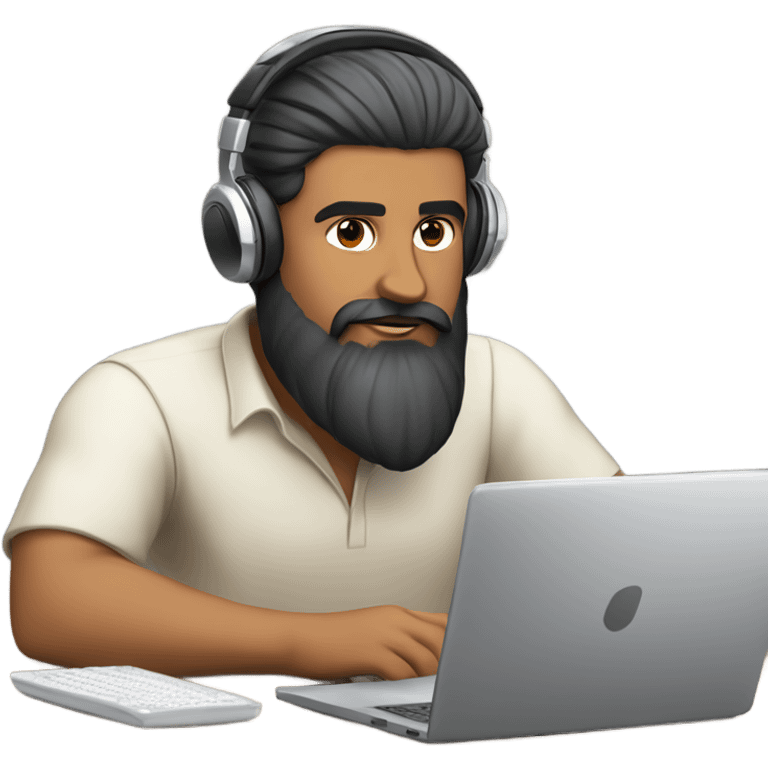 "Light-skinned Indian man with a beard, wearing headphones, focused on working on a laptop. Hair styled with a side part." emoji