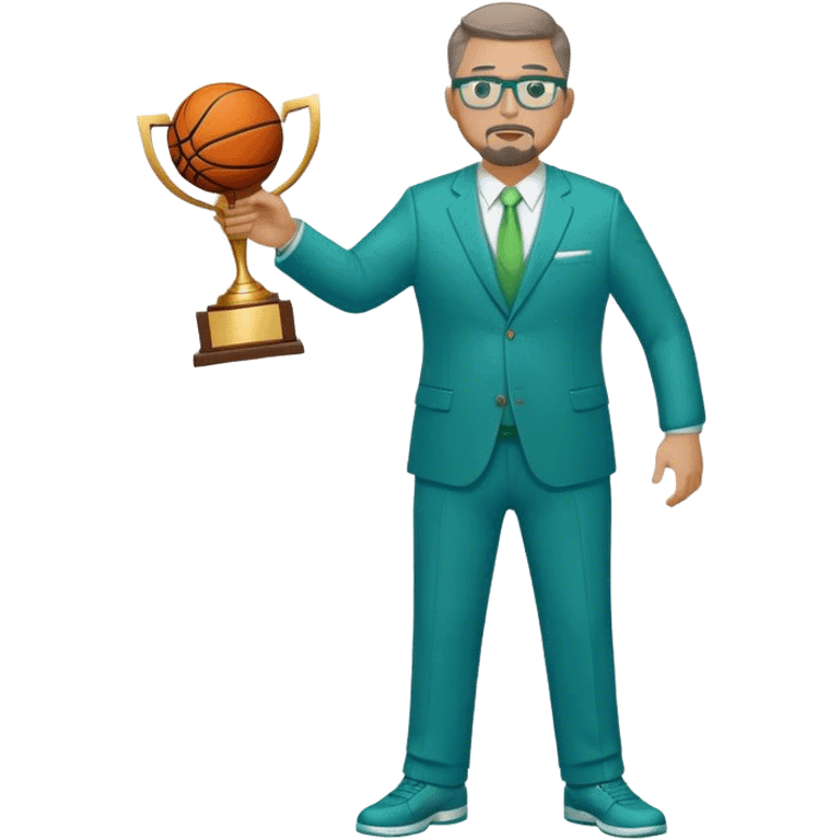 Full Body white plus size man  wearing glasses with a goatee with light brown and gray short hair basketball head Coach in blue and green suit holding trophy emoji