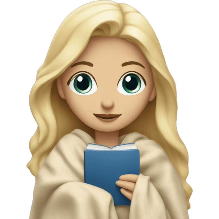 blonde with blue eyes in a blanket with a beige book in her hands emoji