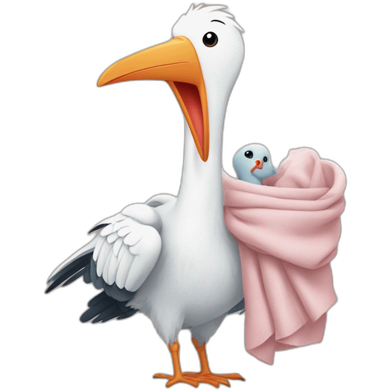  white stork carrying a bundle of cloth in its beak that has a human baby with dark hair and the baby face is peeking out from the cloths bundle the strok is carrying emoji