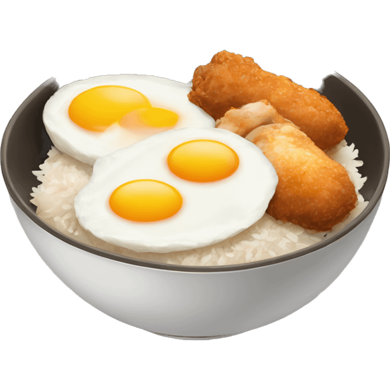 a bowl of rice with double sunny side up eggs and 2 chicken drumstick emoji