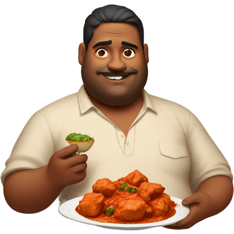 Obese vaping indian man holding chicken tikka masala emoji