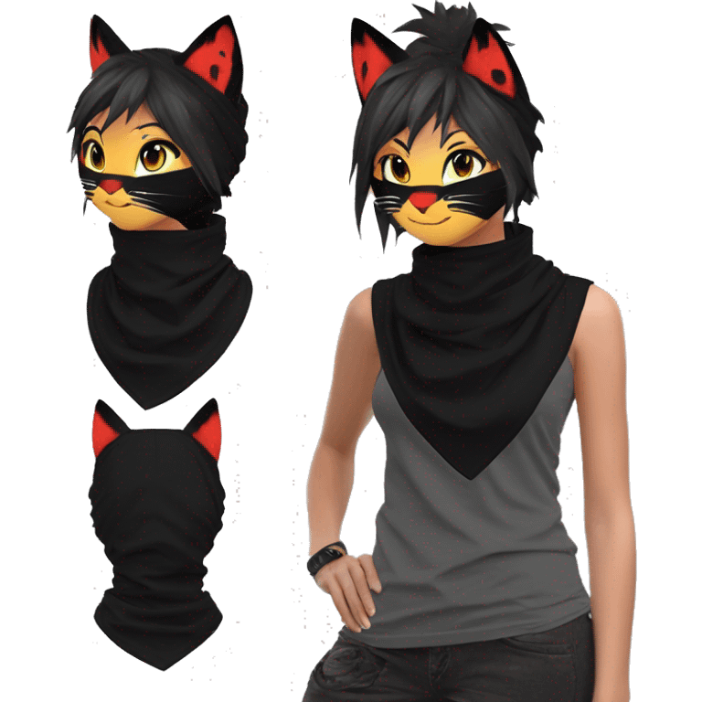 Edgy Shy Anthro Ninja boyish cool pretty dark black Litten-Pokémon-cat-fursona-animal techwear ponytail bandana emoji