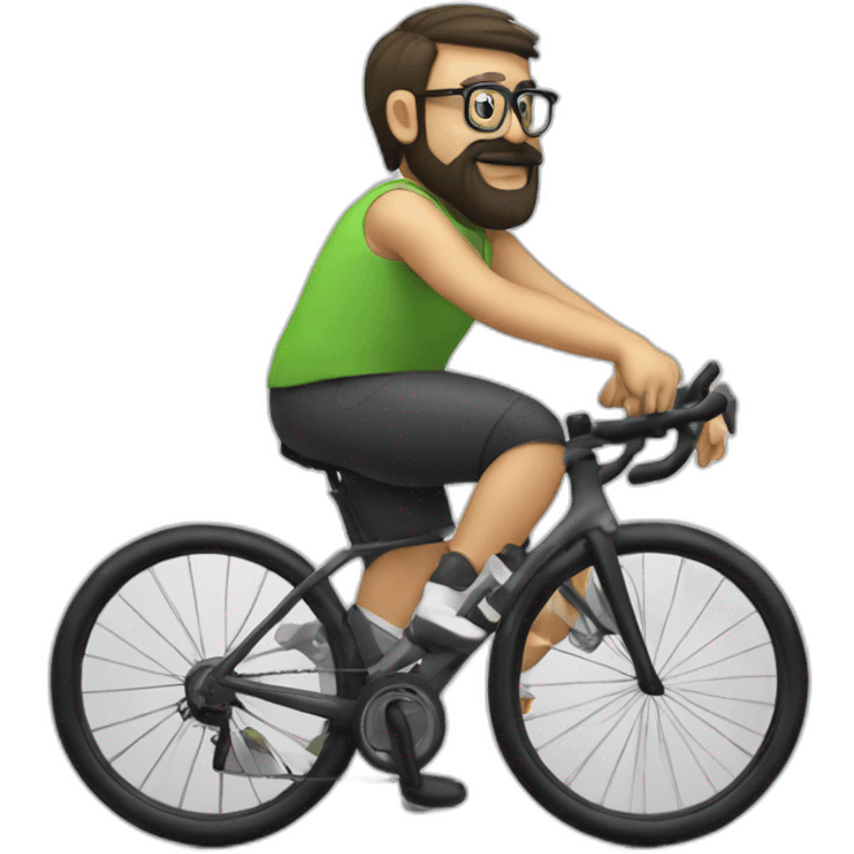 A hunchy man with glasses and a black circle beard driving a training bike emoji