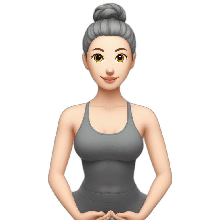 Pale skinned fit woman In a gray tight yoga suit and wristbands With black hair in a bun sits in the lotus position emoji