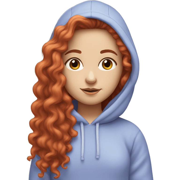 a white girl with long red curly hair, wearing a pastel periwinkle hoodie doing a pose emoji