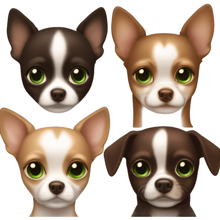 Long brown hair, green eyes, caucasian lady hugging dark brown chihuahua, chihuahua has one ear folded emoji