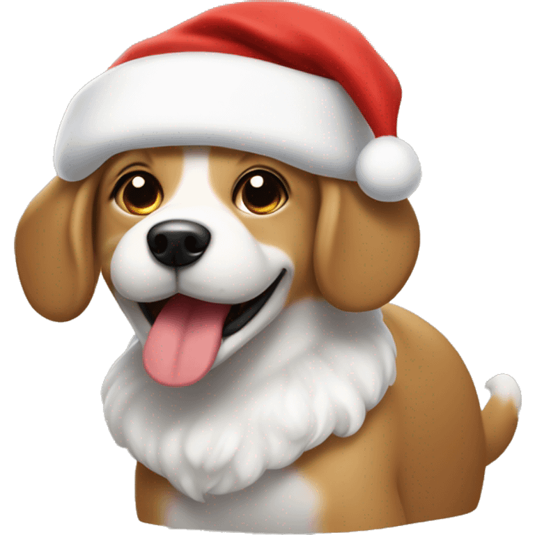 Small happy Tan dog with a white chest and nose strip, floppy ears, wearing a Santa hat emoji