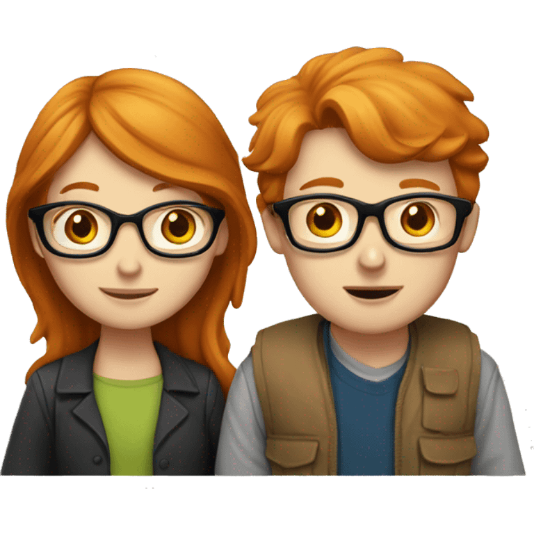 a ginger girl and a brunette boy, both with glasses. they have books in front of them, learn emoji