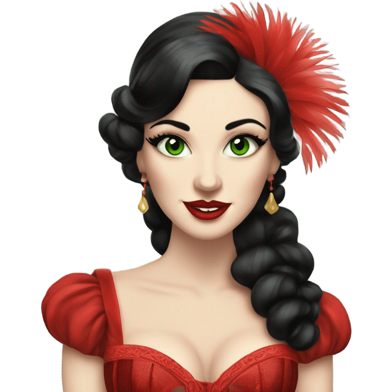 Burlesque dancer with black hair, pale skin, and green eyes in a red vintage costume holding red feather fans emoji