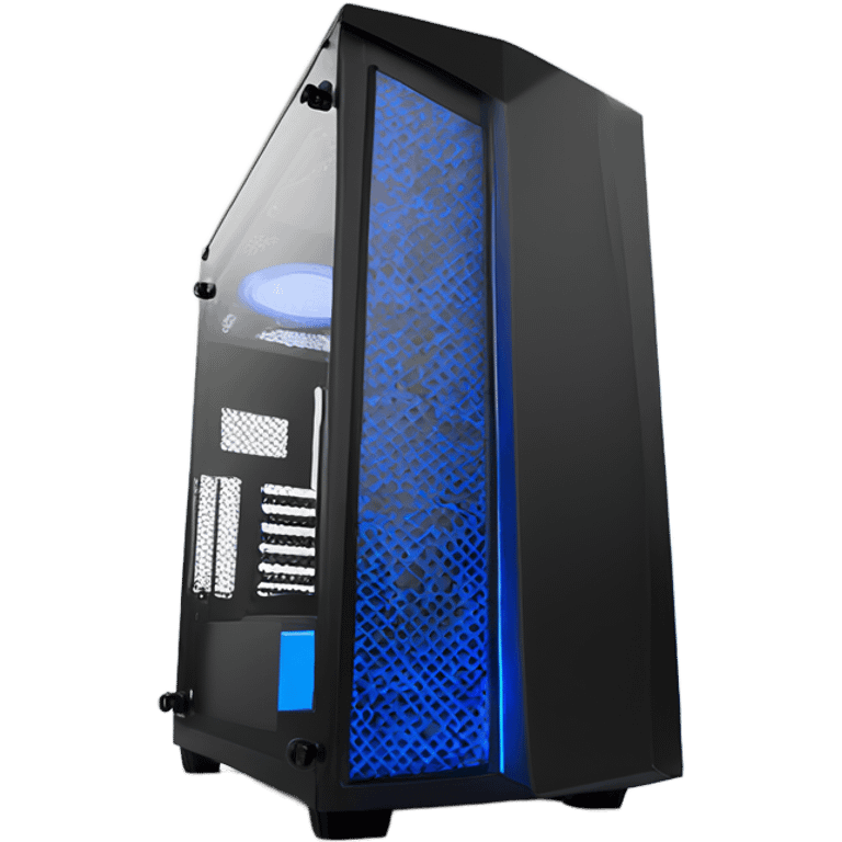 Black gaming PC RGB mid-tower case with glass side panel blue lighting emoji