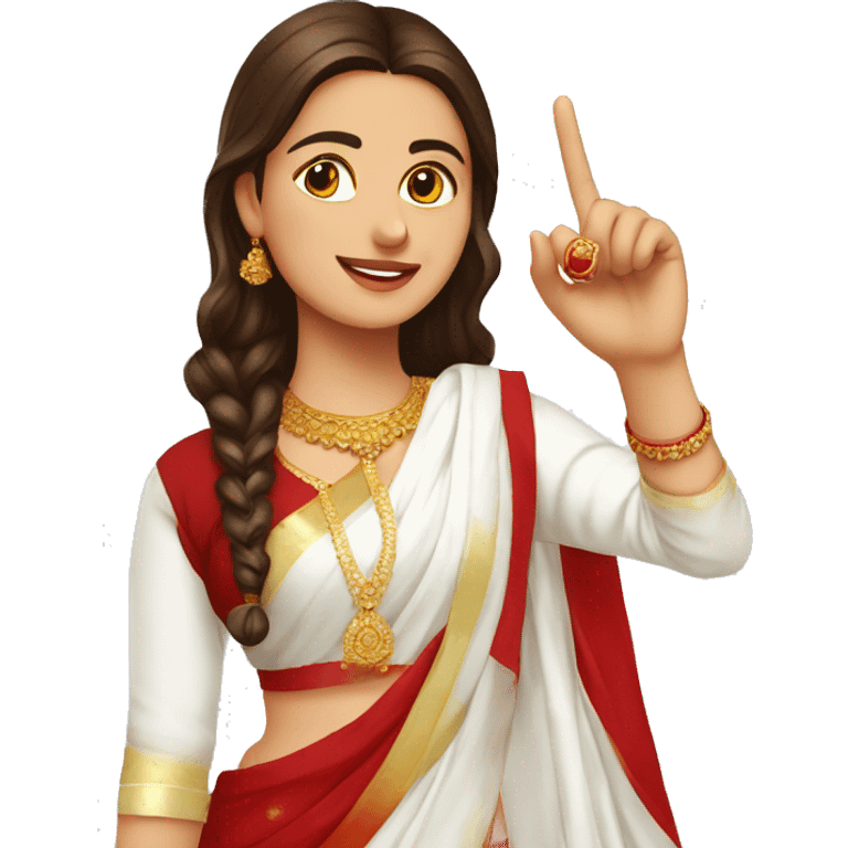 A young woman with complete white kurti red dupatta showing 1 finger emoji