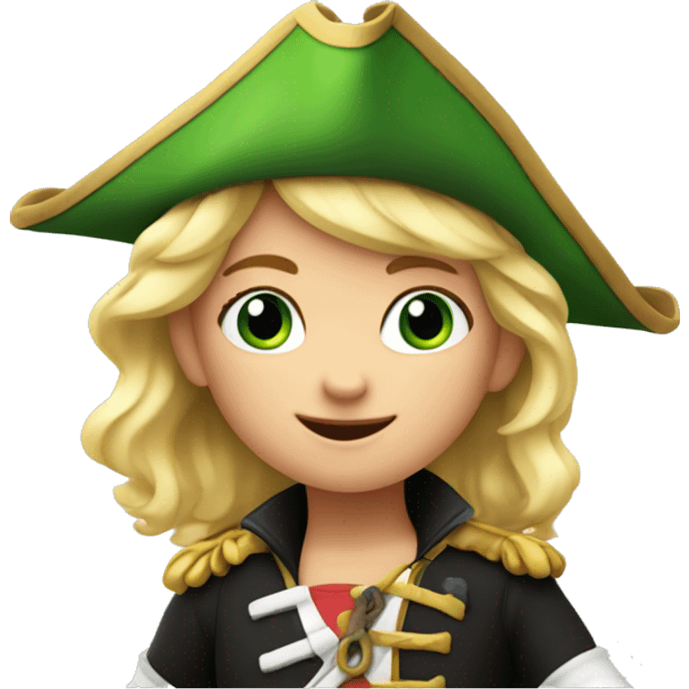 Female kid pirate, green eyed, blonde hair, dressed with pirate clothes, pixar style, 4k, smiling, with parrot on shoulder emoji