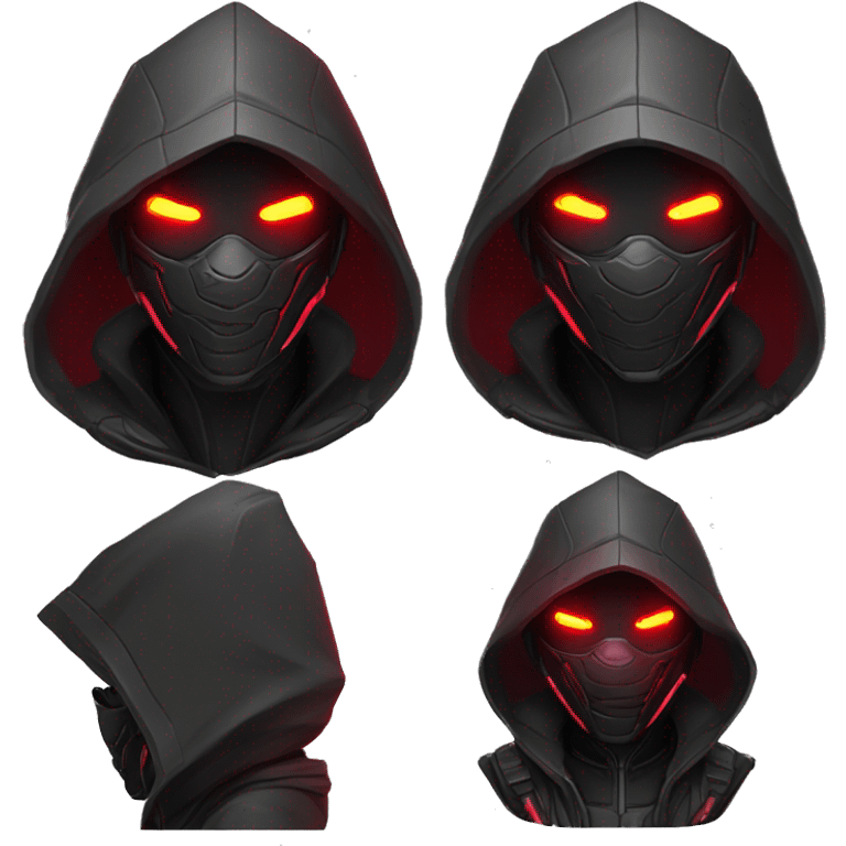 developer behind his laptop with this style : crysis Cyberpunk Riot Games Valorant neon glowing bright red character red dark black hooded assassin themed character emoji