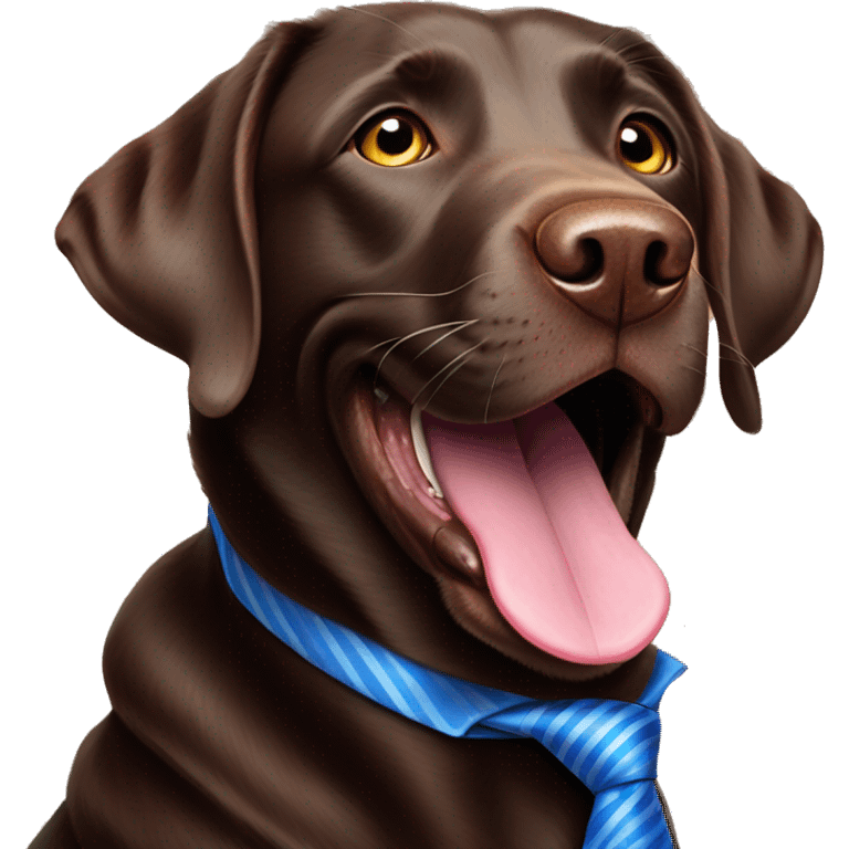 adult chocolate labrador smiling tongue out with a blue tie on  emoji