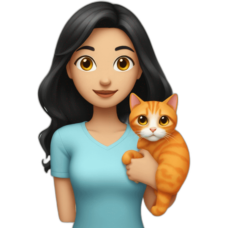 Girl with black hair parted in the middle is holding an orange cat emoji