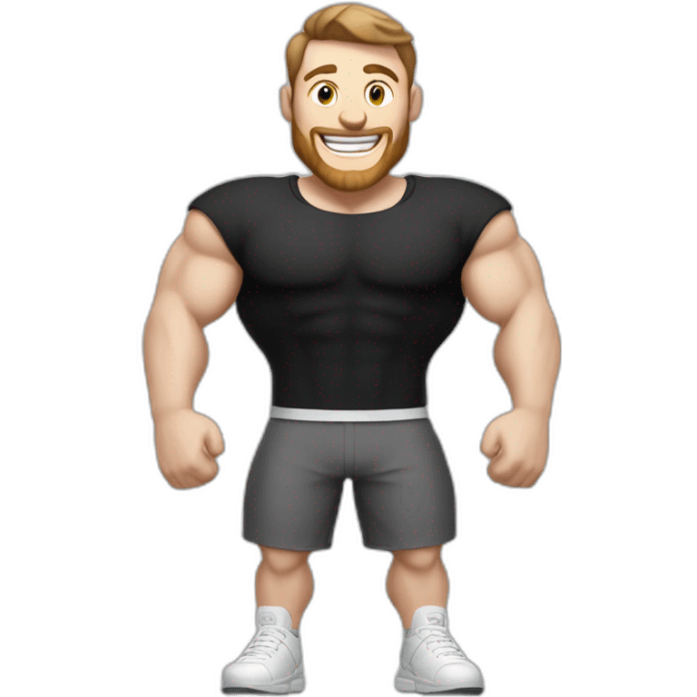 Joyful Celebrating victory Pale skinned Fit Man With the biceps and dark brown hair in black shirt, gray sports shorts and white Sneakers emoji