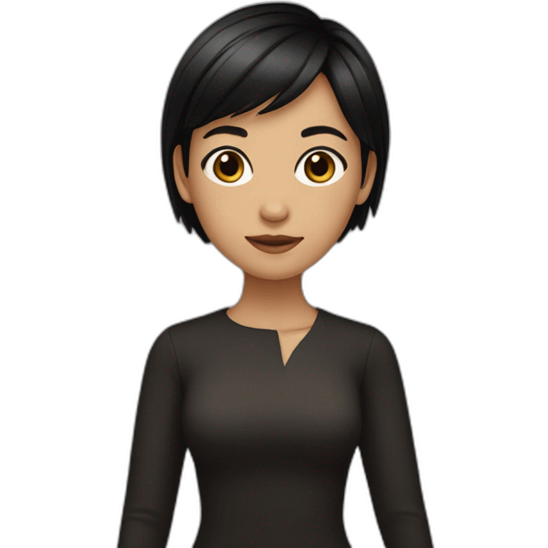 A girl with short black hair, wheat-coloured skin, wearing black  emoji