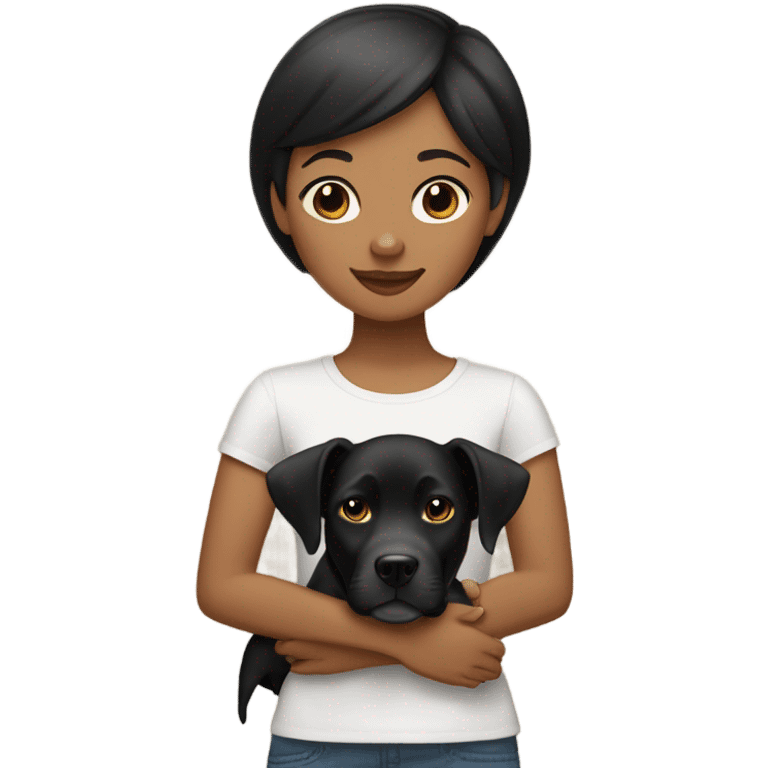 tan girl with short straight black hair holds her black Labrador and pitbull mix dog emoji