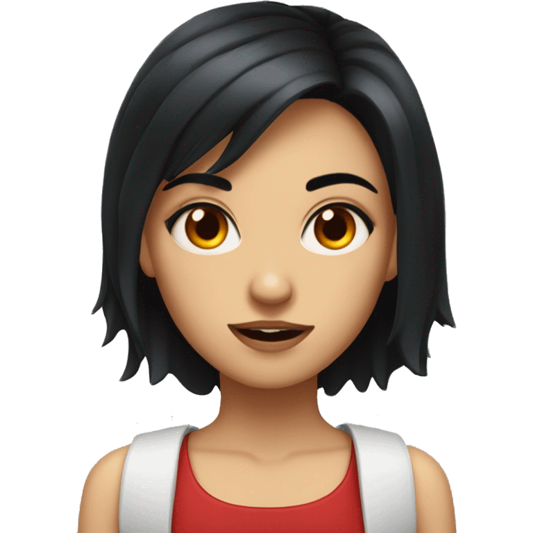 a girl with black hair and red eyes with wavey hair and mad emoji