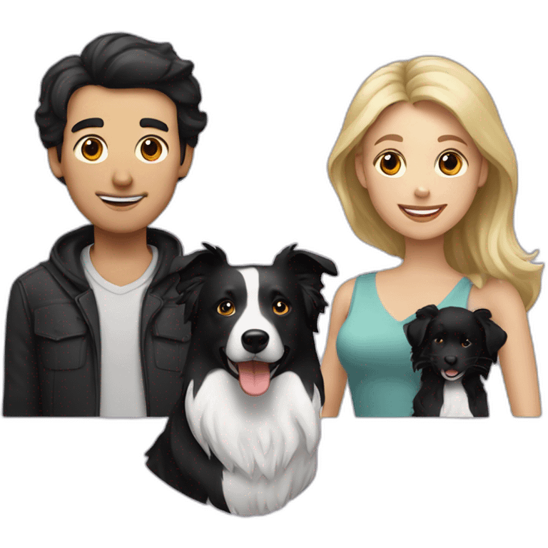 Family with a White man on hat and a White woman with long black hair and a small black border collie dog emoji