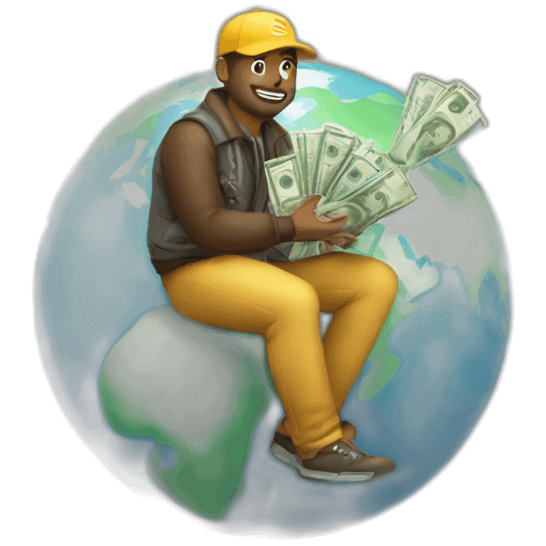 man sitting on globe with money bag emoji