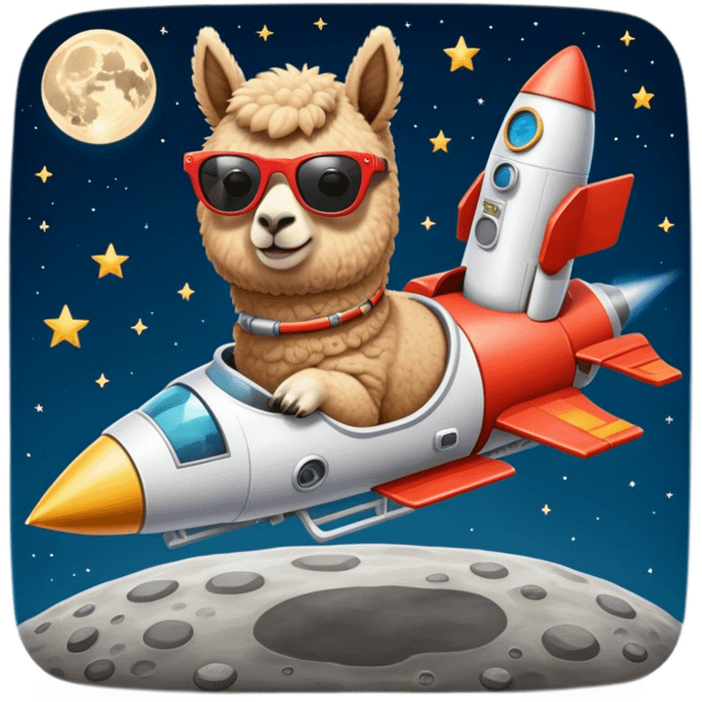 alpaca with sunglasses on rocket ship landing on the moon emoji