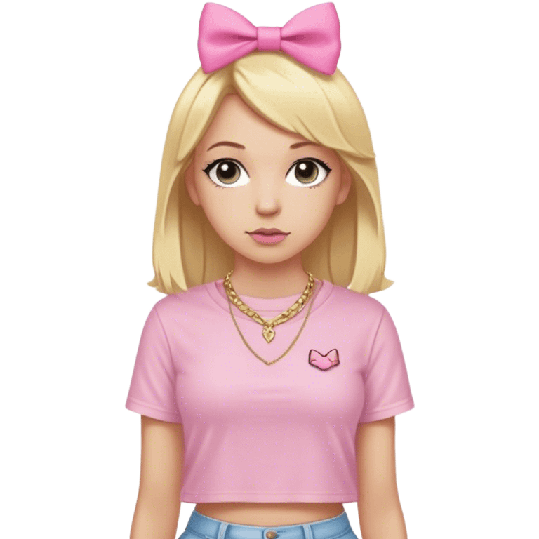 White girl with blonde hair and a pink bow wearing a nice street wear outfit (form fitting skims shirt with a dainty gold necklace) emoji