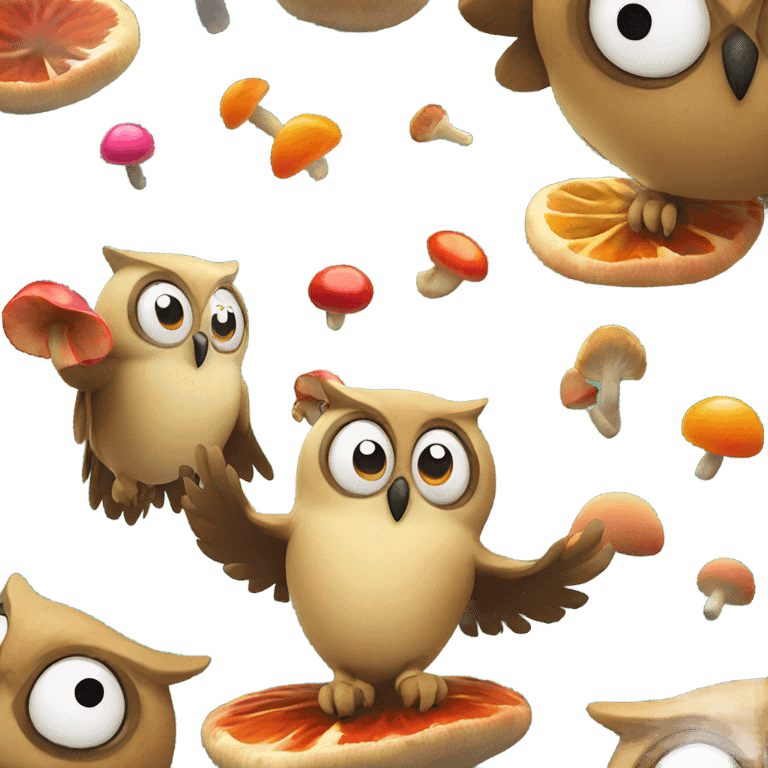 Two owls excited with multiple colorful mushrooms  emoji