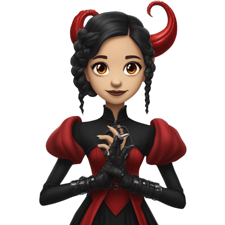 surprised Lavish black evening gown with see-through gloves, Jenna Ortega as Addams girl Jedi wearing a steampunk mini tiara, very large blood red evil-looking horned dragon emoji