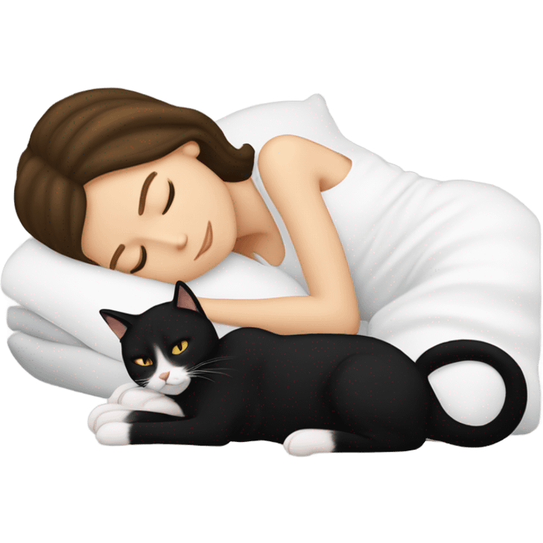 Brunette white girl sleeping with one black cat and one calico cat emoji