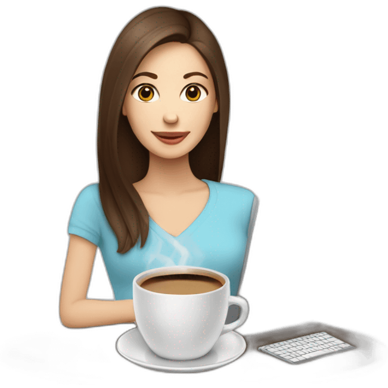 woman with long straight brown hair and pale skin using a laptop as a saucer for a large coffee mug emoji