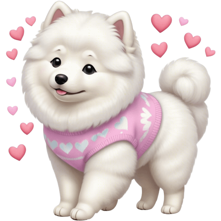 Samoyed in a pastel sweater with hearts is walking emoji