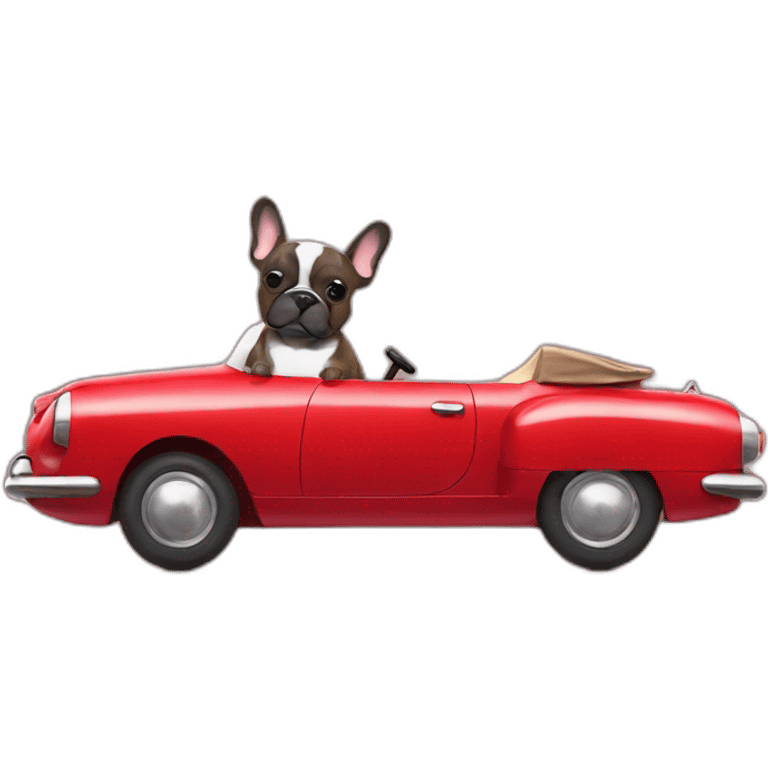 brindle french bulldog driving a red car emoji