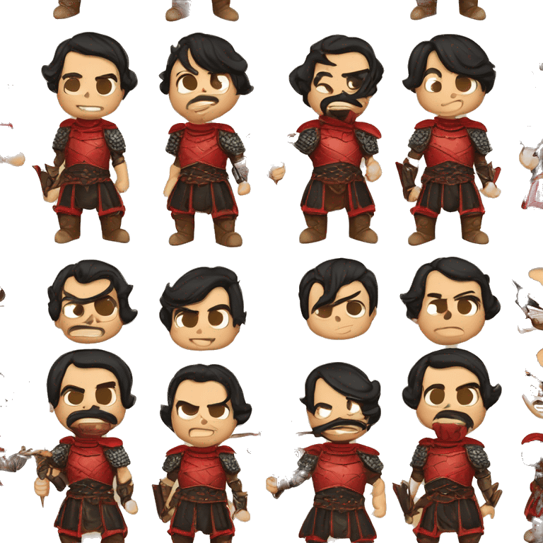 Vintage Tanned man with black hair pointed chin and stern face wearing red and black armour holding sword vintage intricate patterns emoji