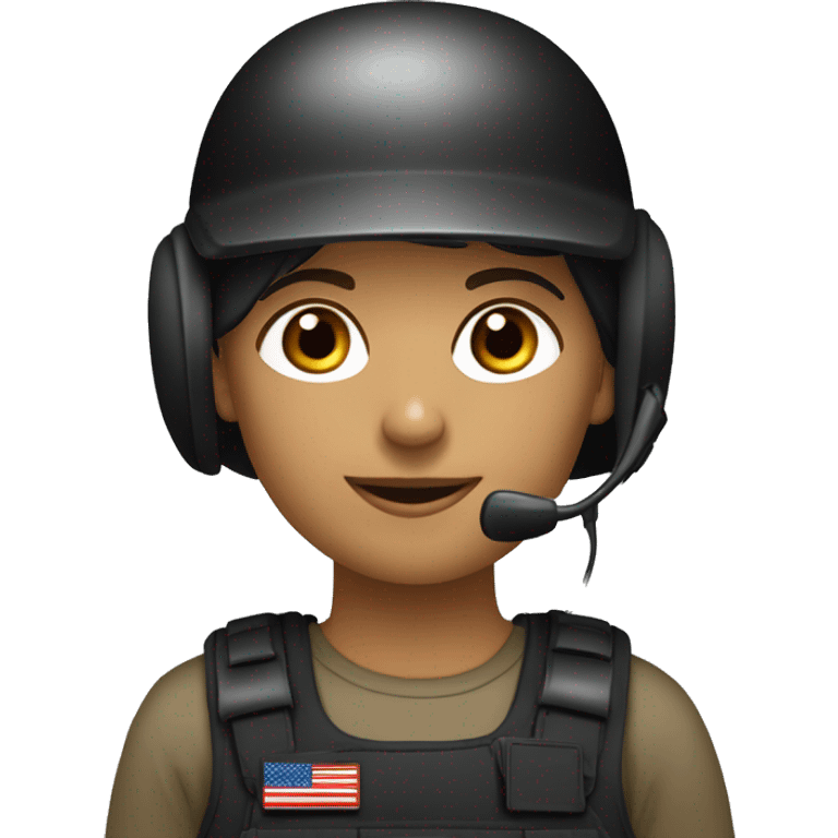 operator dressed in black with a milatary helmet, without glasses, wearing a headset, ready to respond to alerts, preferably female white emoji