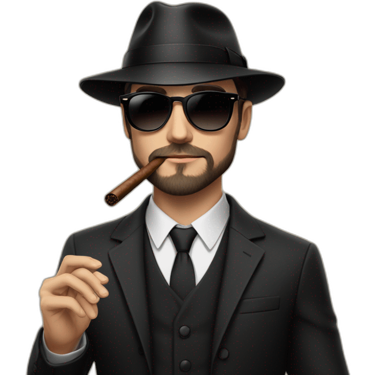 young white male adult with dark hair and beard, black fedora hat, black ray ban sunglasses, three pieces dark costume and tie smoking a cigar emoji