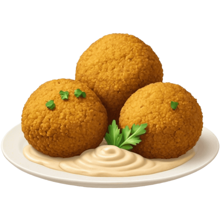 Cinematic Realistic Falafel Dish Emoji, depicted as crispy, golden falafel balls served with tahini sauce rendered with lifelike textures and vibrant, appetizing lighting. emoji