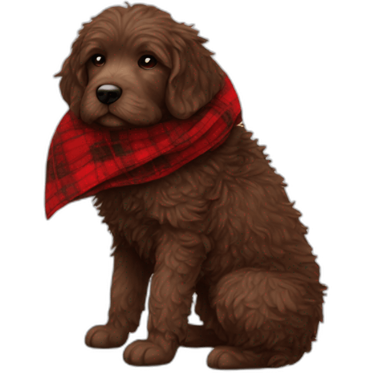 A chocolate colored doodle with a red and black flannel handkerchief sleeping emoji