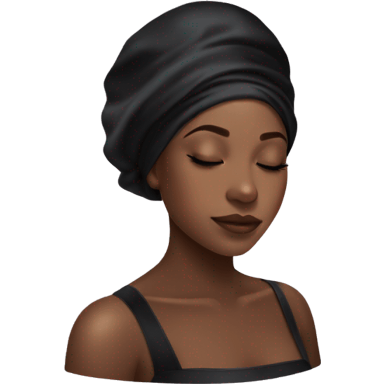 black girl wearing a black satin hair bonnet sleeping emoji