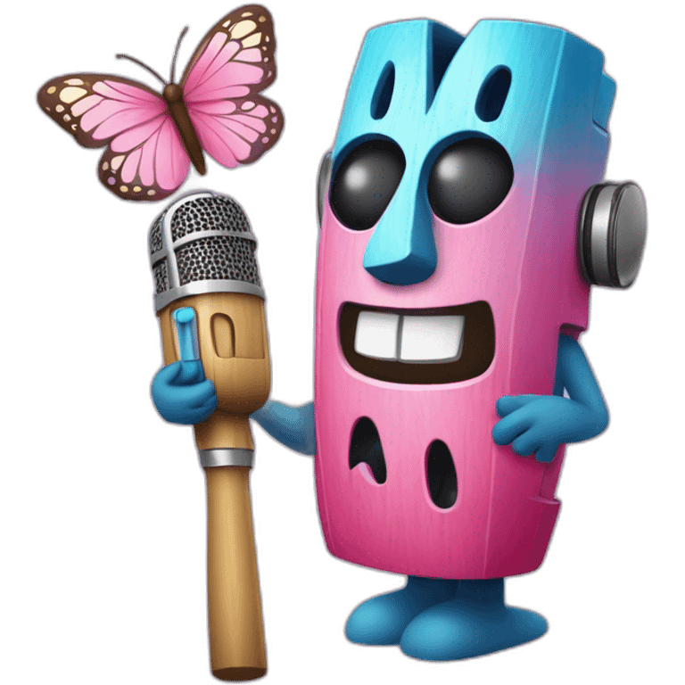 Cartoon Blue and pink tiki singing with butterfly and in the mikrophone emoji