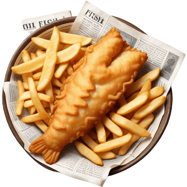 Fish and Chips Cinematic Realistic Fish and Chips Dish Emoji, depicted as a crispy battered fish fillet and golden chips served in traditional newspaper wrapping, rendered with lifelike textures and warm natural lighting that captures its iconic British street food charm  . emoji