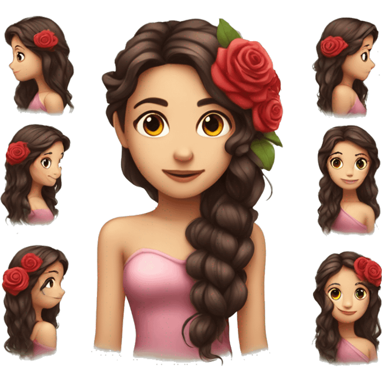 Beautiful, rose, fairy, red, flowers in hair, long dark brown hair, fair skin emoji