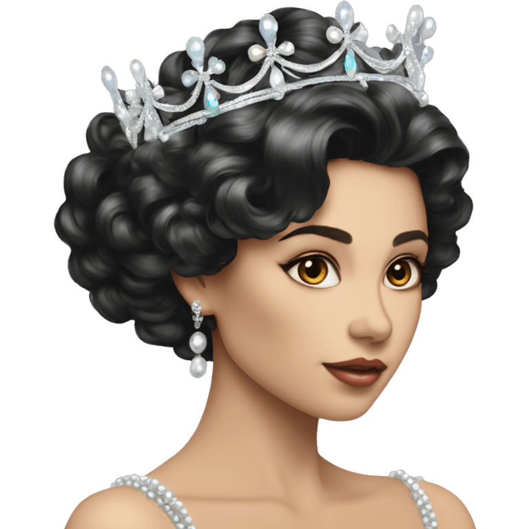 Regal pretty woman photograph defined cheekbones high cheekbones crown vintage with very long iridescent black and silver hair wavy black hair pearl crown iridescent emoji