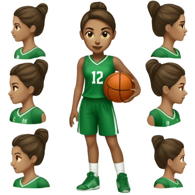 Straight brown hair ponytail #12 girl playing basketball green uniform skinny emoji